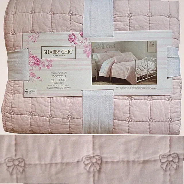 3pc Shabby Chic Quilted Pink Coquette Bow FULL / QUEEN Quilt Pillow Sham Set NEW