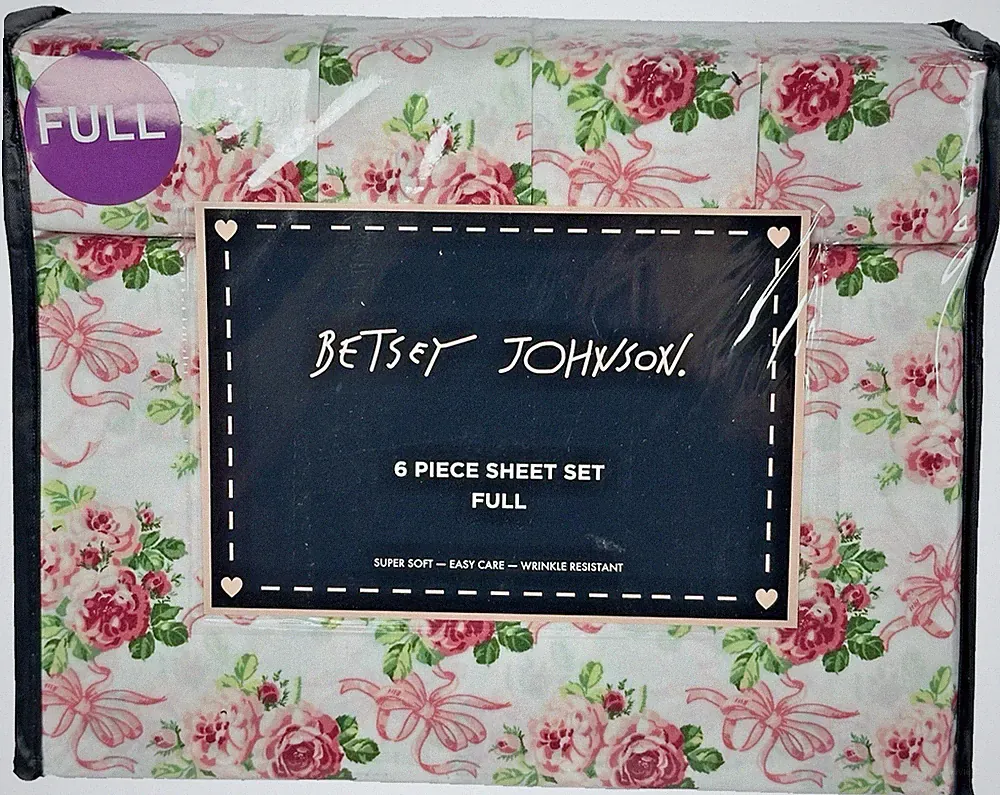 Betsey Johnson Full Sheet Set Floral Rose Bow Pink 6 Pc Bedding New