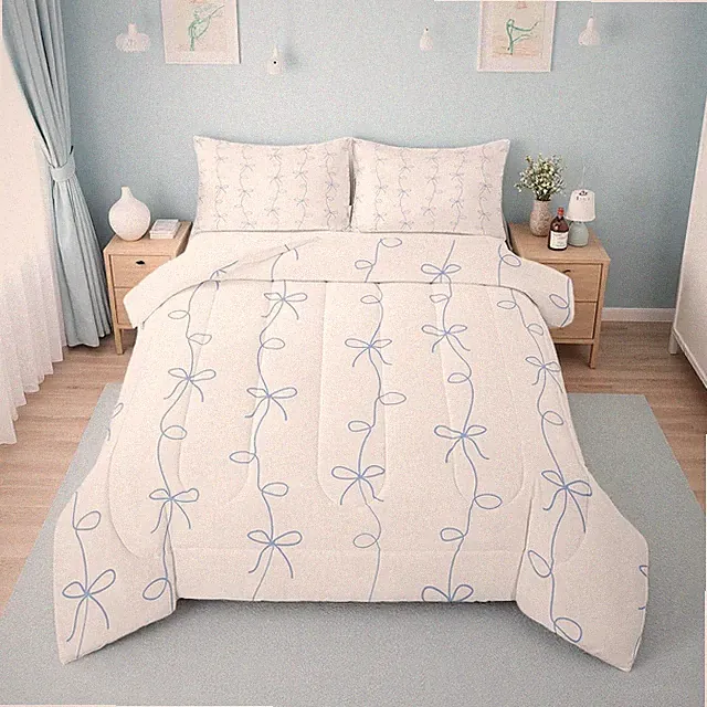 Blue Coquette Bow Bedding Set for Girls - Cute Kawaii Comforter & Pillowcases