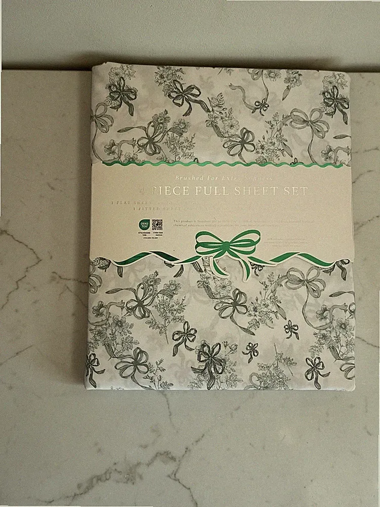 Boundary Full Sheet Set Green Ribbon Bow Print 4 Pc Coquette Bedding