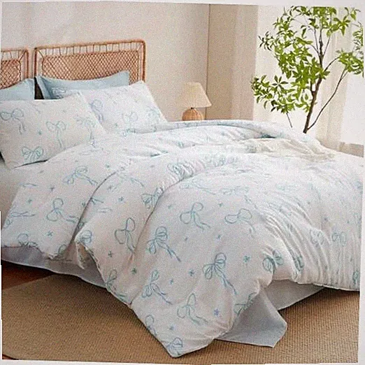 Bow Comforter Set Full Size - Blue Bow Quilt Bedding Set 3 Pieces, Comforter
