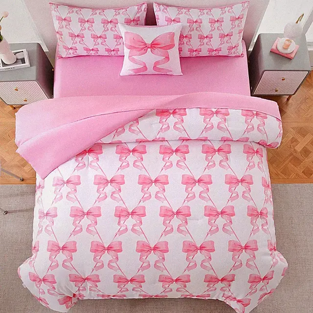 Bow Comforter Set Twin Bed in a Bag for Girls,6 Pieces Pink Bow Bedding Sets wit