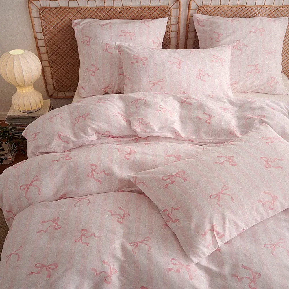 Bow Duvet Cover Full Size Pink Striped Bowknot Bedding Set Girls Cute Bows Ve...