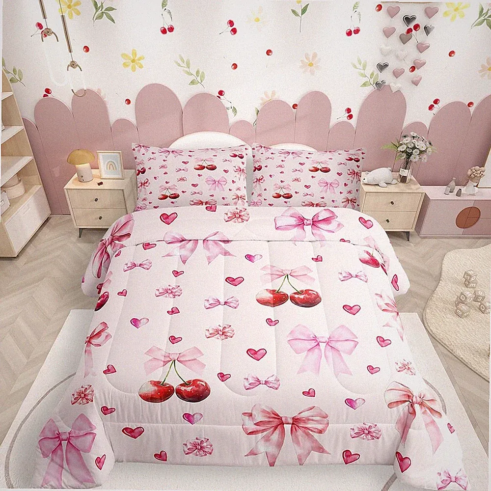 Cherry Bow Bedding Set for Girls Coquette Comforter,Pink Ribbon Bows Bedding...