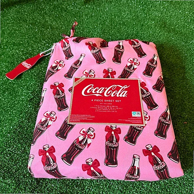 Coca-Cola Pink Coquette Bow Bedding 4PCS Sheets + 2 Pillowcase Set Twin Size NEW