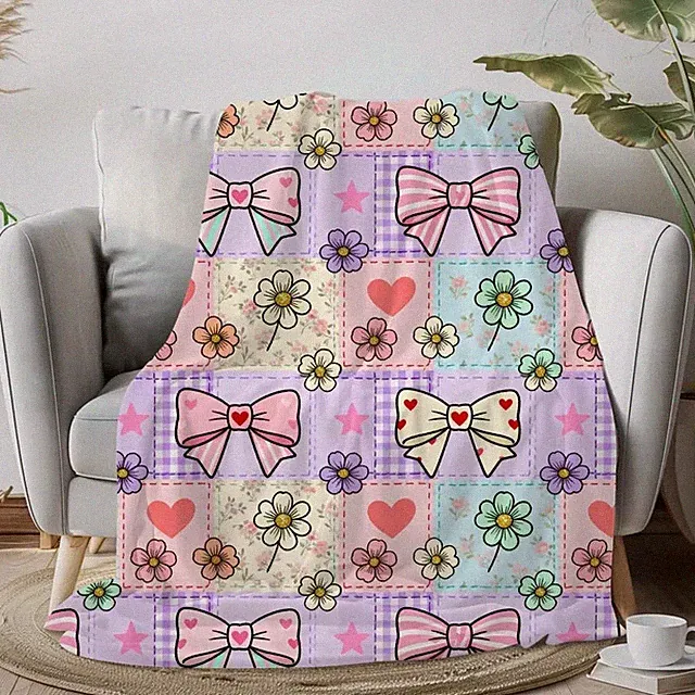 Coquette Bow Patchwork Throw Blanket Cute Girly Room Decor