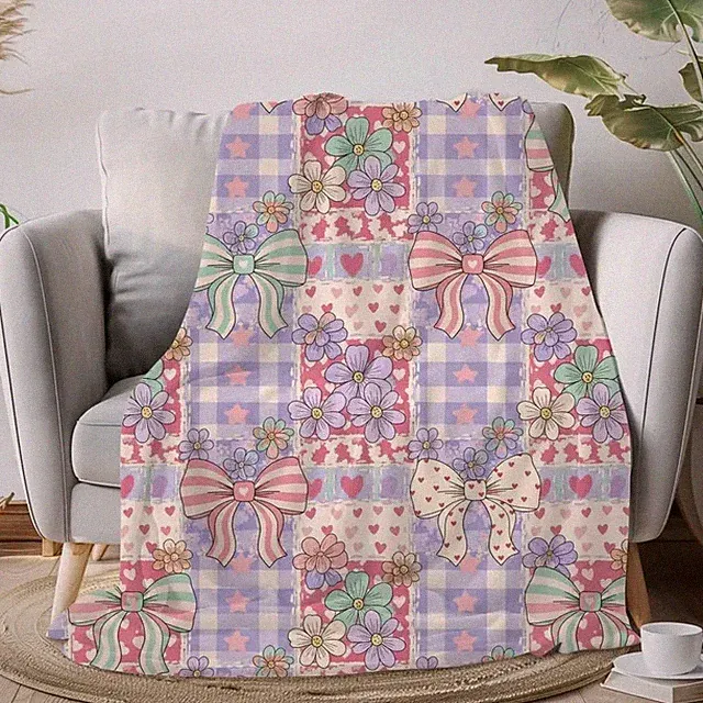 Coquette Bow Patchwork Throw Blanket Soft Pastel Bedroom Accent