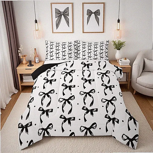 Cute Black Bow Comforter Set for Girls' Bedroom - 2 Pillowcases Included