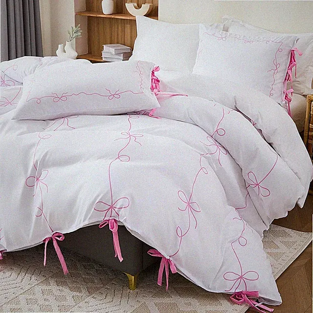 Cute Pink Bow Duvet Cover Set for Queen Bed - Romantic Bedroom Decor
