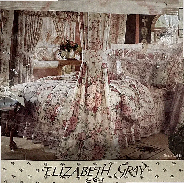 Elizabeth Gray Victoria Floral Bows Ruffled Bed Skirt KING New Cream Rose Pink
