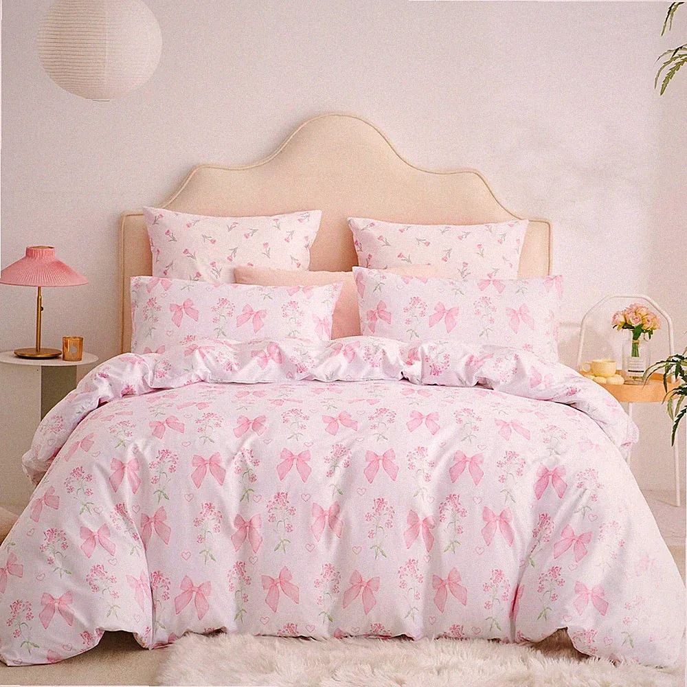 Floral Duvet Cover Queen Pink Bow Bedding Set for Girls Kids, Princess Style Bow