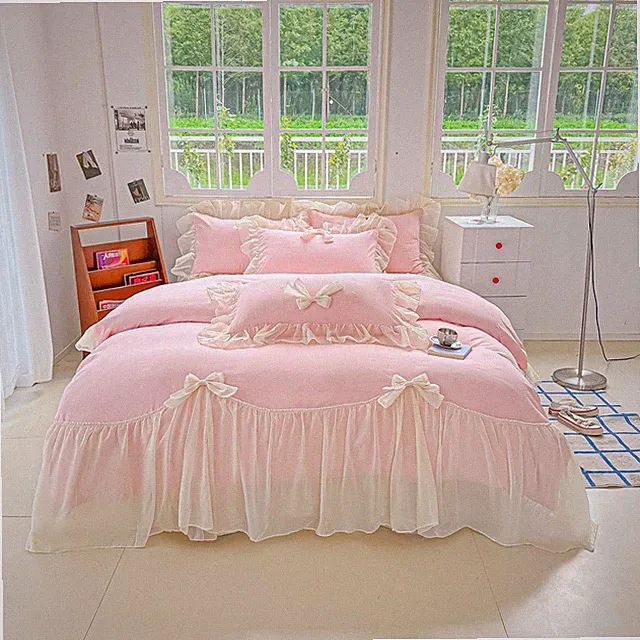 Girls Lace Bedding,Queen Comforter Cover Set, Chic Ruffled Duvet Cover with Love