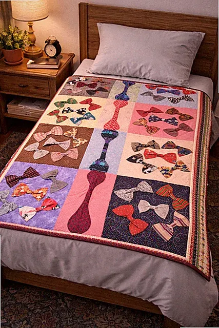 Handmade Bow Tie Quilt Lap Quilt Memorial Signed 2017 Applique 57x36
