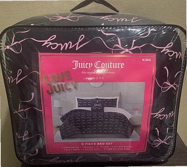 Juicy Couture Black/Pink Bows & Logos 8pc KING Set Comforter,Shams,Sheets,Pillow