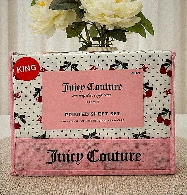 Juicy Couture King Sheet Set 100% Polyester Polka Dot Cherry Bow White Red