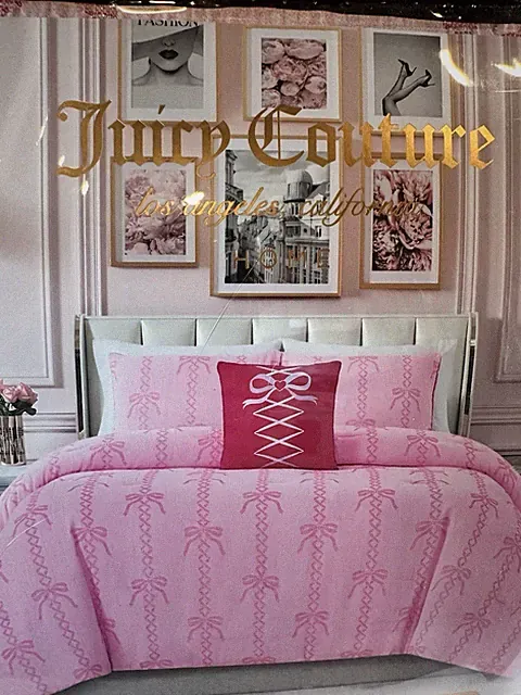 Juicy Couture Pink Bow Embossed Queen Comforter Set Pillow Plush 4pc Coquette