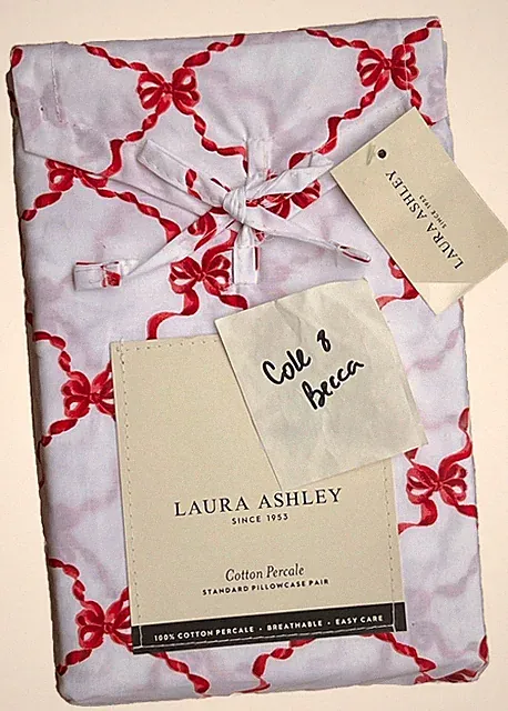 Laura Ashley Bow Ribbon Red Cotton Percale STANDARD Pillowcase Set Of 2 New