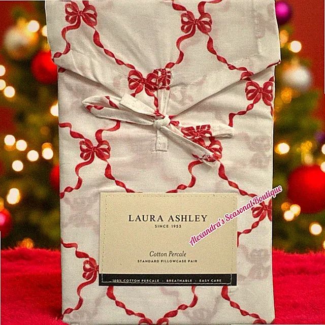 Laura Ashley Christmas Red Bow Ribbon Set 2 Pillowcase 100% Cotton Percale New