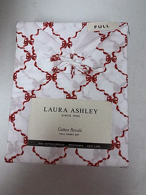 Laura Ashley | Full | Red White Bow Print | Cotton Percale Sheet Set