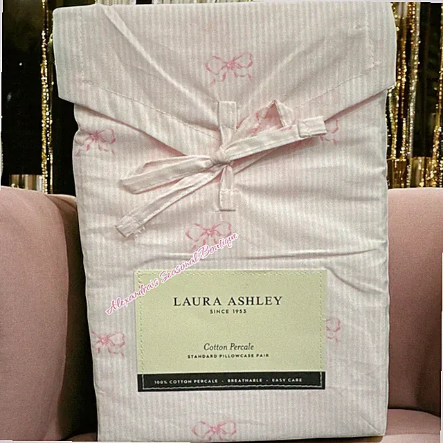 Laura Ashley Pink Ribbon Bow Knot, 2 Pillowcases 100% Cotton Percale Cottage