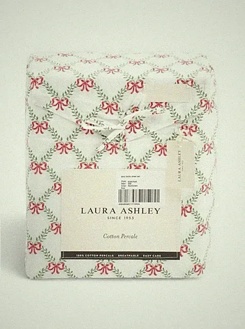 LAURA ASHLEY QUEEN Bow Lattice Sheet Set Red Bows / Green Christmas Pattern NEW