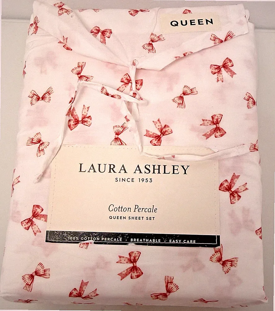 Laura Ashley | Queen | White Pink | Cotton Percale Bow Print Sheet Set