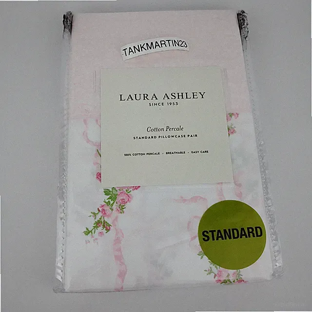 Laura Ashley Standard Pair (2) Cotton Percale Pillowcases Pink White Ribbons Bow