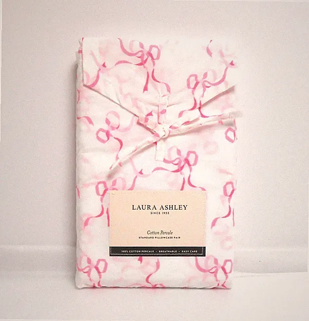 Laura Ashley Standard Pair (2) Cotton Percale Pillowcases TRAILING BOWS