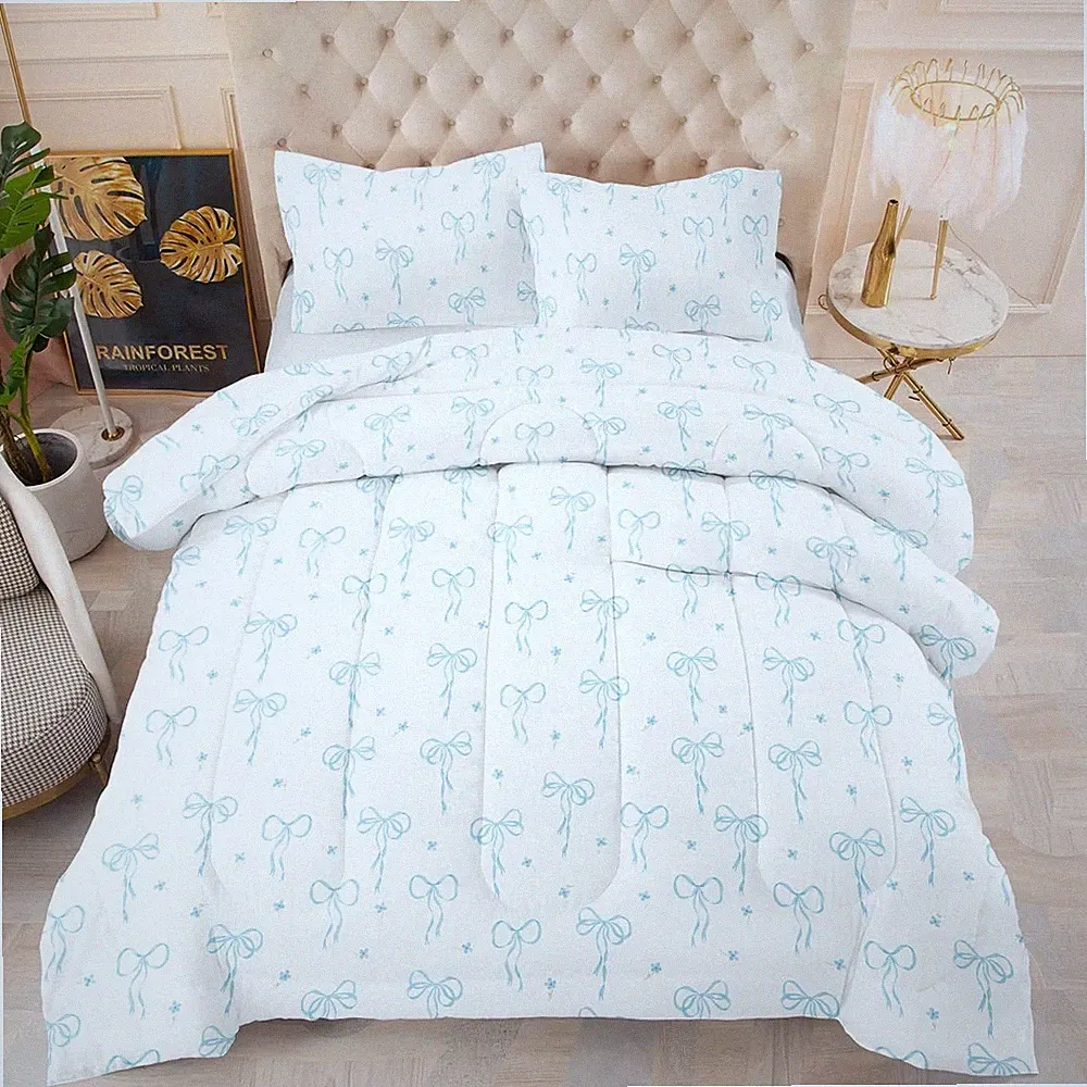 Light Blue Bow Comforter Set Full Size 3 Piece Quilt Bedding Set