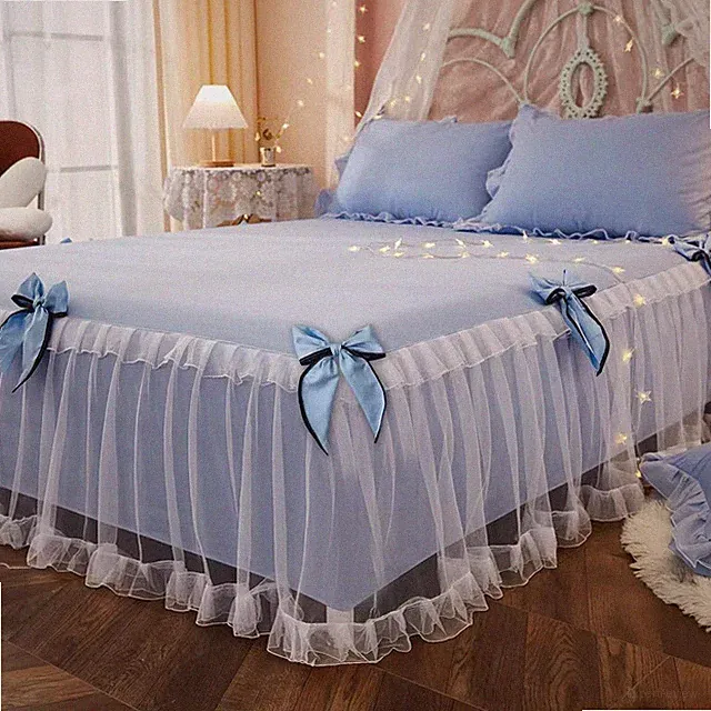 Mesh Trim Bow Bed Skirt Ruffled Bedspread Sheet Dust Deep Drop Fairy Room Decors