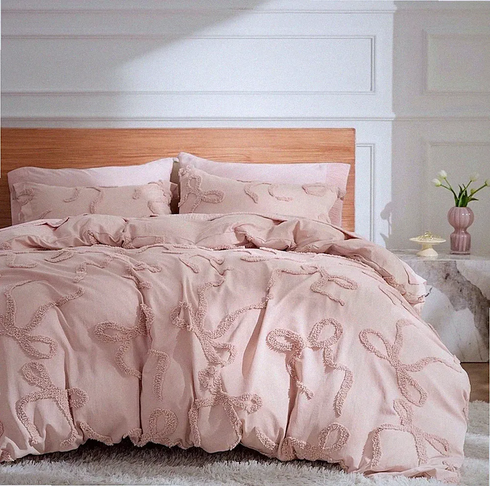 NEW Anthro Rose Pink Tufted Bow Boho Queen / King Size Bedding Duvet & Sham Set