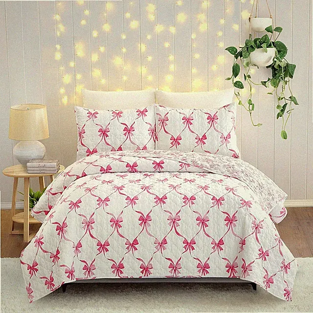 Pink and White Abigail Bow Reversible Quilt and Pillow Sham Set, Ultra Soft All
