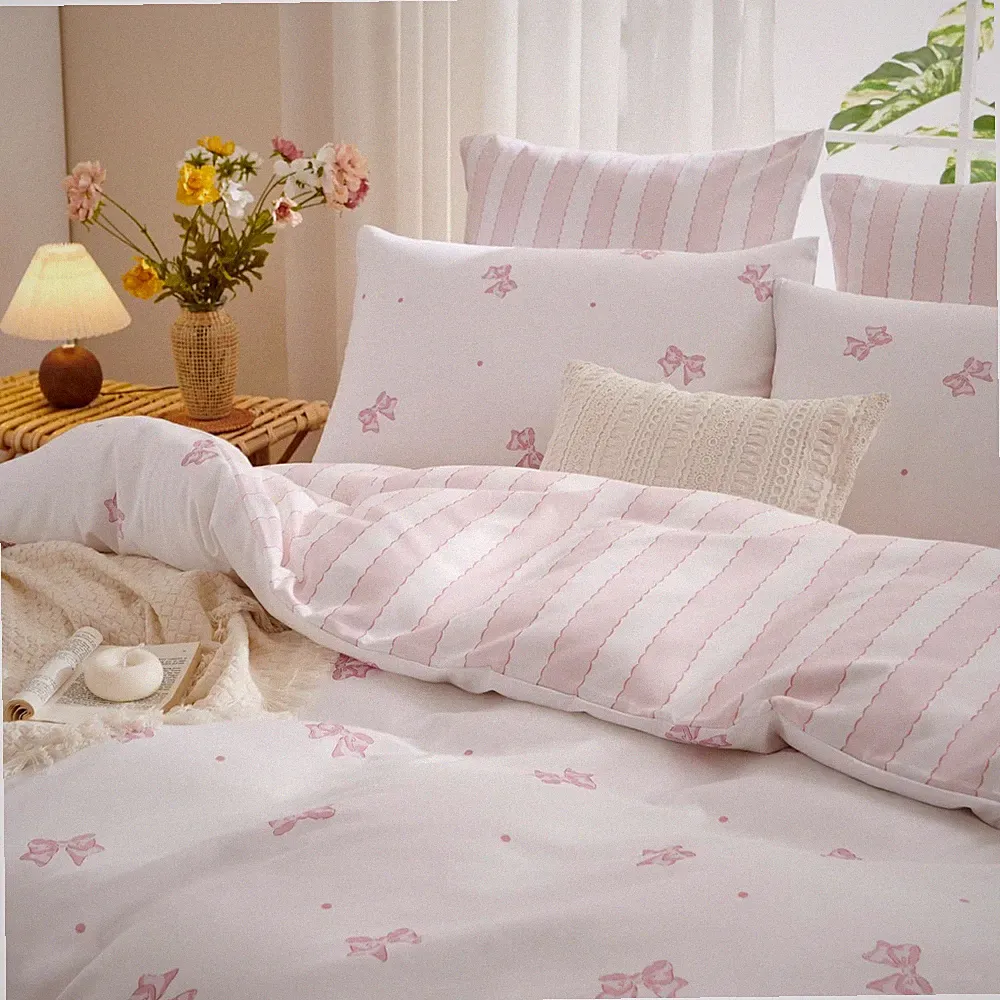Pink Bow Duvet Cover Twin Size Reversible White Pink Bows Striped Bedding Set...