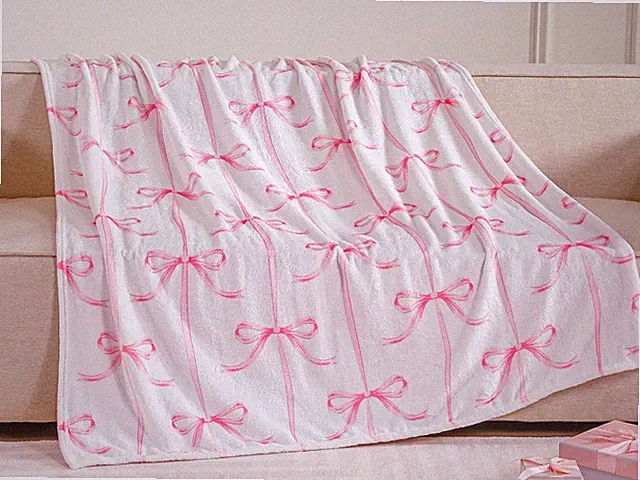 Pink Bow Throw Blanket 50x60 Inch Coquette Flannel Cute Preppy Decor Soft