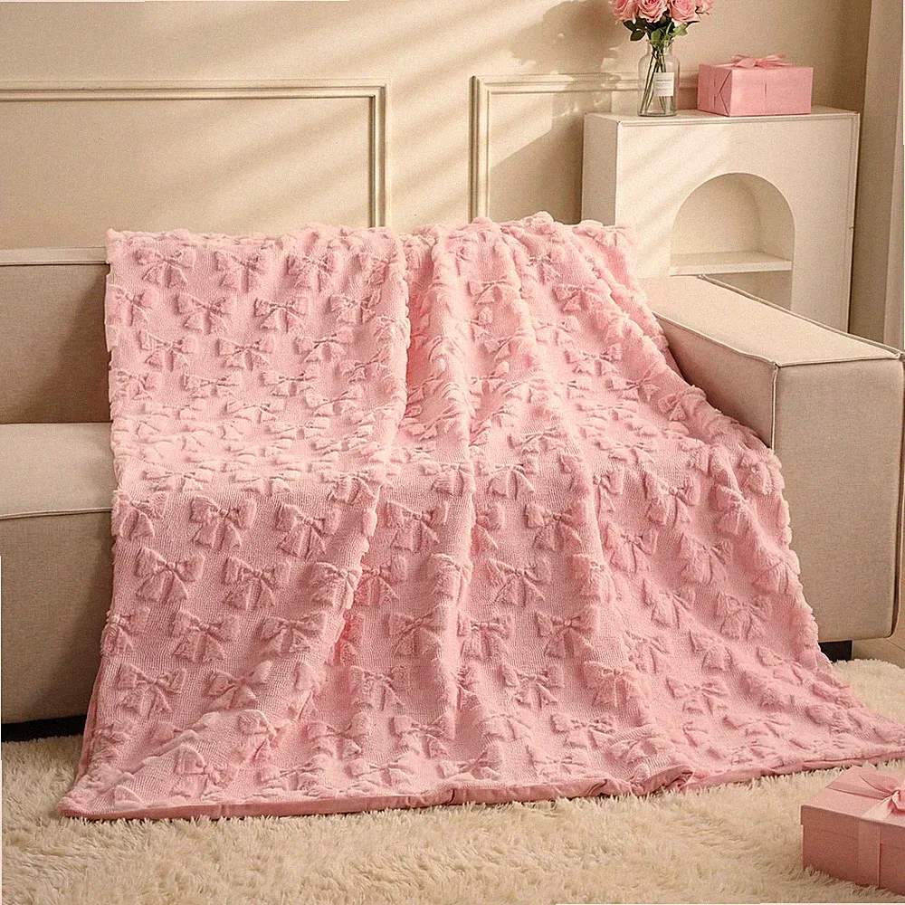 Pink Bow Throw Blanket Twin Size 60" x 80" 3D Bow Coquette Aesthetic Soft Flu...