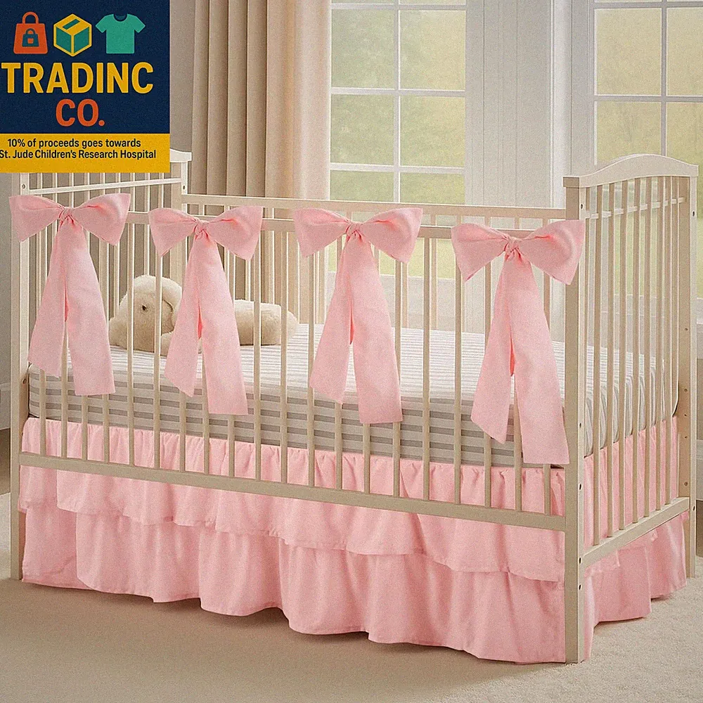 Pink Crib Bed Skirts with 4 Large Cot Bow 28" X 52" Baby Crib Skirt for Boys Gir