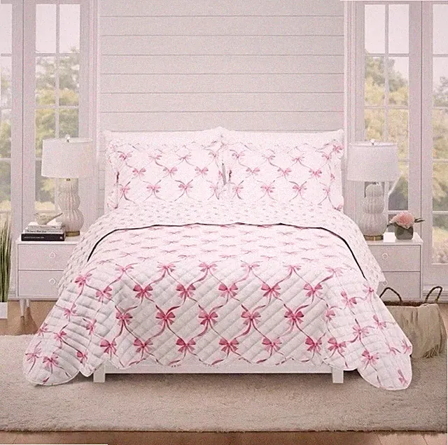 🎀 Pink Sweet Bows ~ Full/Queen ~ 3 Pc Quilt Set~Scalloped Edges