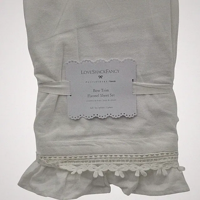 Pottery Barn Bow Trim Flannel Sheet Set Full White NEW Luxury Bedding