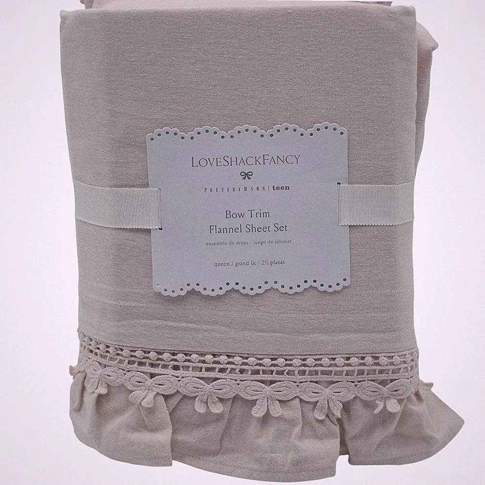 Pottery Barn Bow Trim Flannel Sheet Set Queen Pink NEW Luxury Bedding