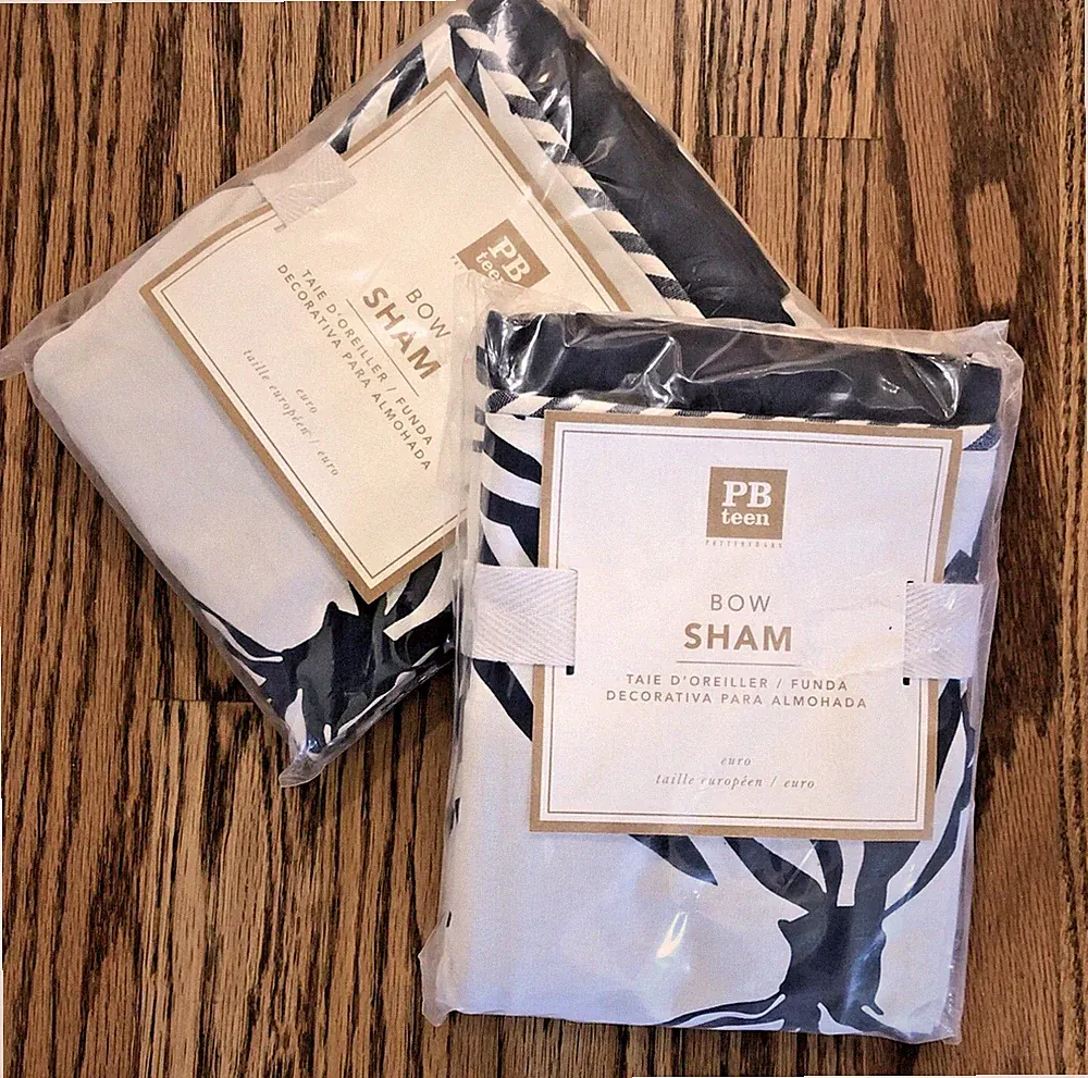Pottery Barn Teen Bow Euro Shams SET of 2 Navy & White 100% Cotton NEW!