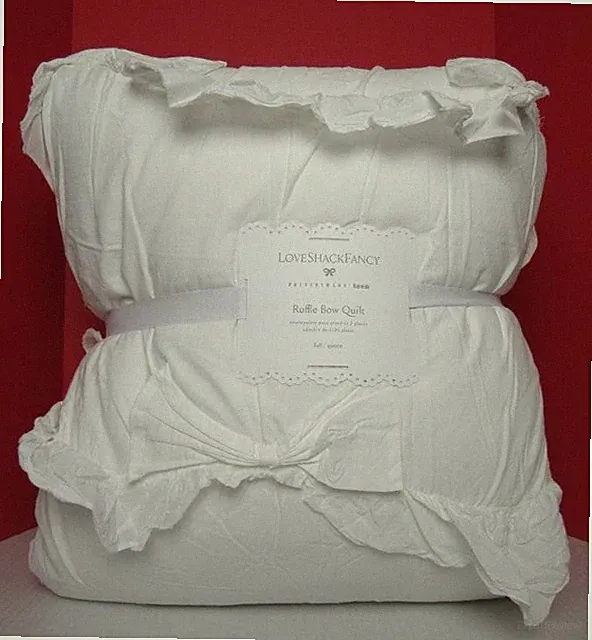 Pottery Barn Teen LoveShackFancy Ruffle Bow Quilt, F/Q 86" X 86" Ivory NWT