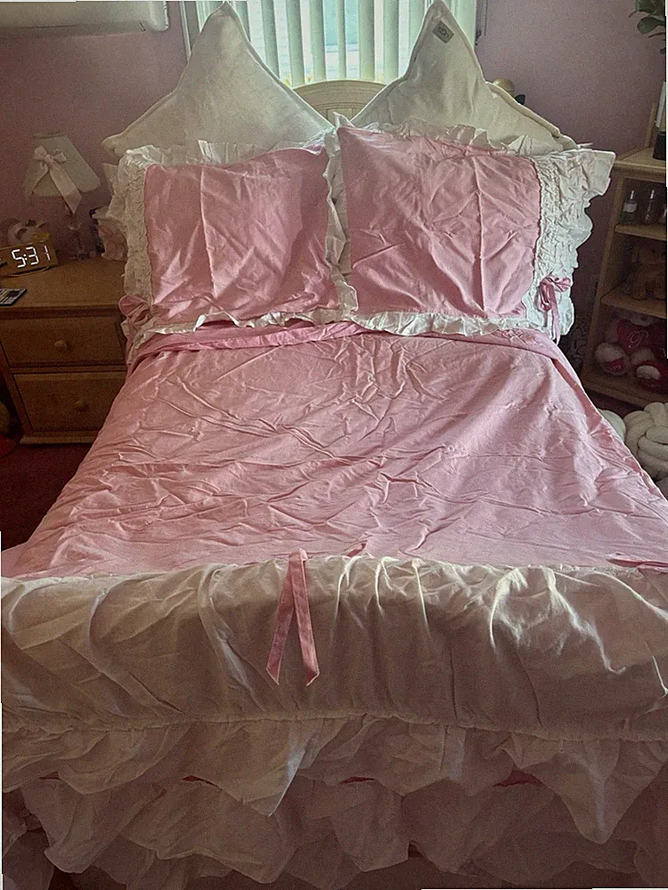 Pretty In Pink With White Ruffles Duvet With Matching Two Shams With Bow Detail