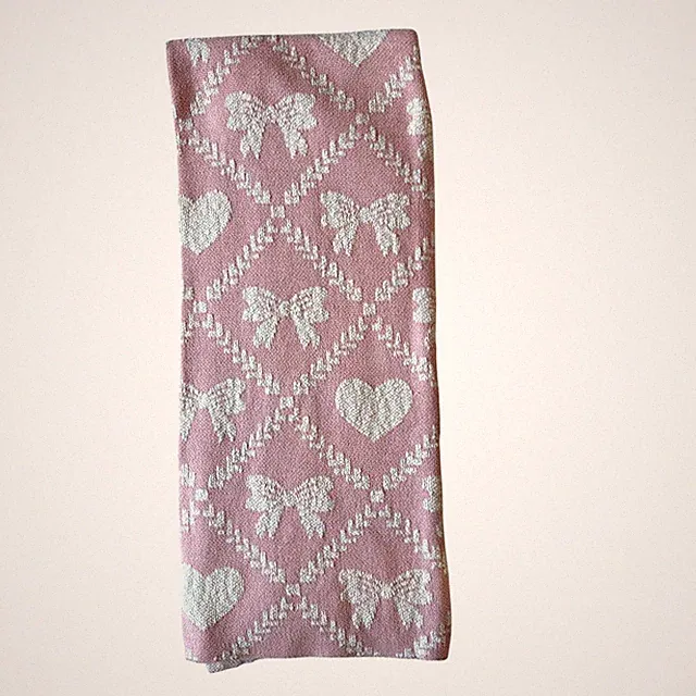Shabby Chic Heart Bow Cotton Throw Blanket 50x70 Knit Plush Pink & Cream New