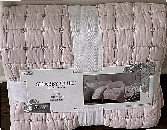 Shabby Chic Pink Stitched Bows Cotton TWIN Quilt SET 2pc
