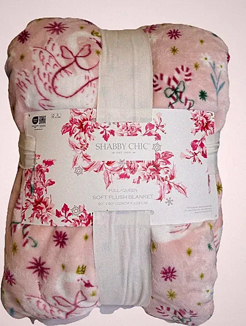 Shabby Chic Pink Swan Bows Holiday Plush Blanket Full/Queen Coquette NEW 90x90