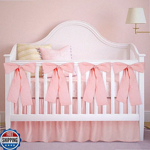 SmoothNovelty Pink Crib Bed Skirts with 4 Large Cot Bow Baby Crib Skirt for B