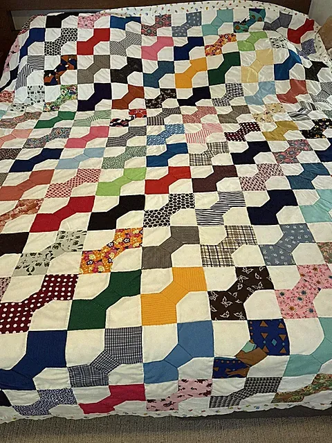 Vtg 70s colorful Patchwork bow tie country chic Bedspread Blanket Queen