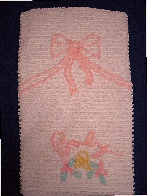 Vtg Chenille Baby Blanket Bedspread Pink Bow Pastel Flowers Easy Care 64 x 41"